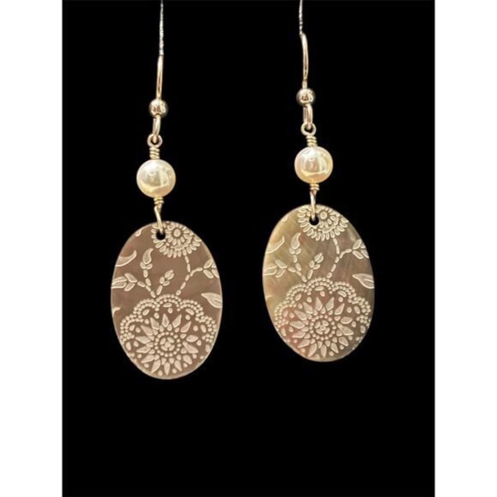 2” Sterling Silver Floral Engraved Abalone Shell Freshwater Pearl Drop Earrings